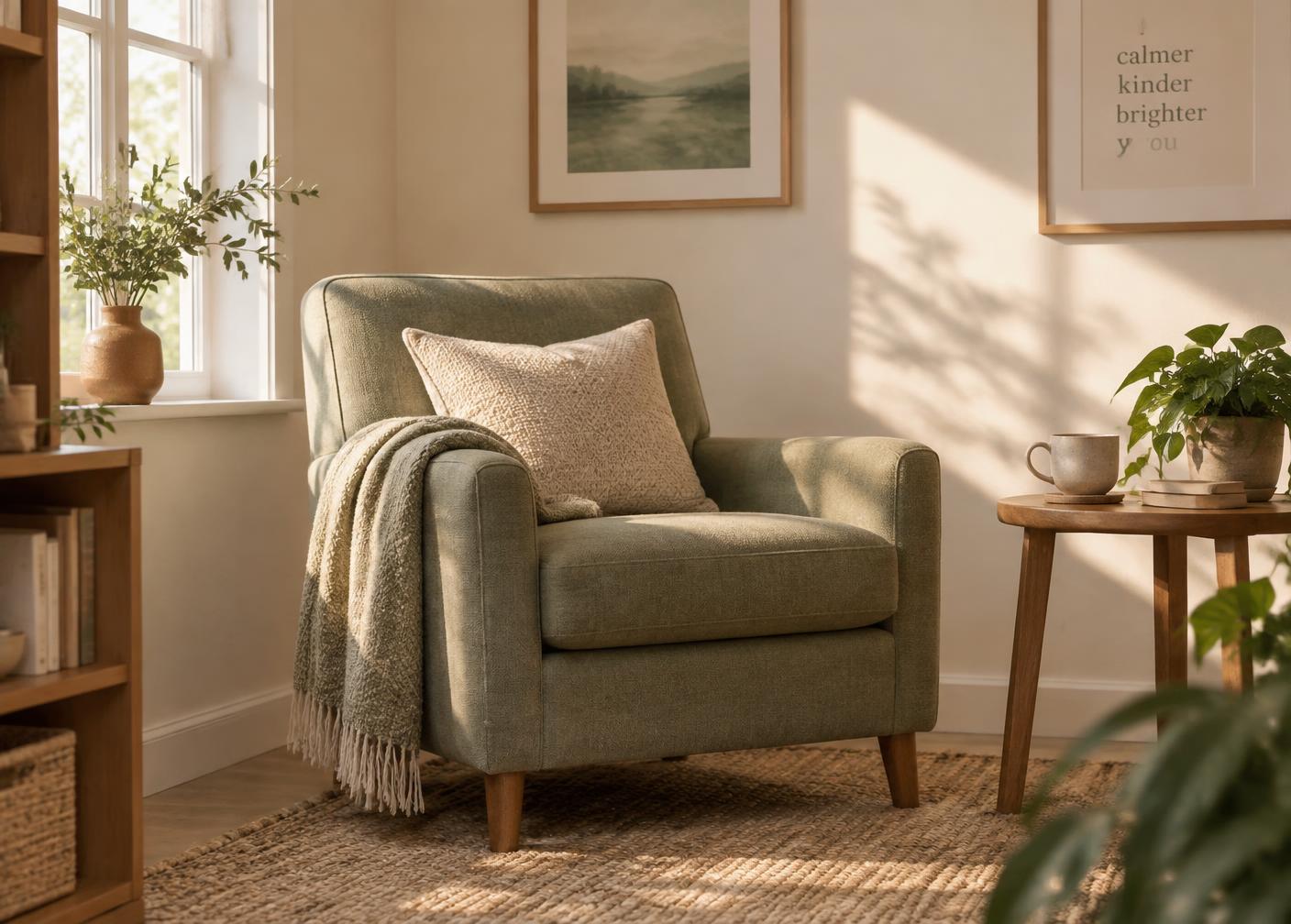 A quiet, softly lit room with a comfortable armchair, a throw rug and a small side table